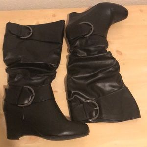 Black faux-leather wedge boots. Like NEW!